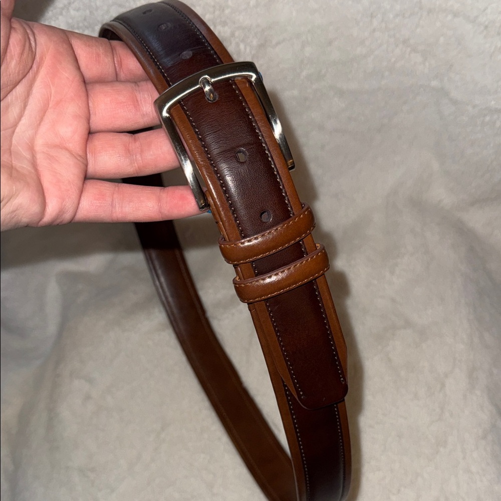 Nautica Two-Tone Brown Leather Men's Belt with Polished Silver Buckle Sz 38 EUC